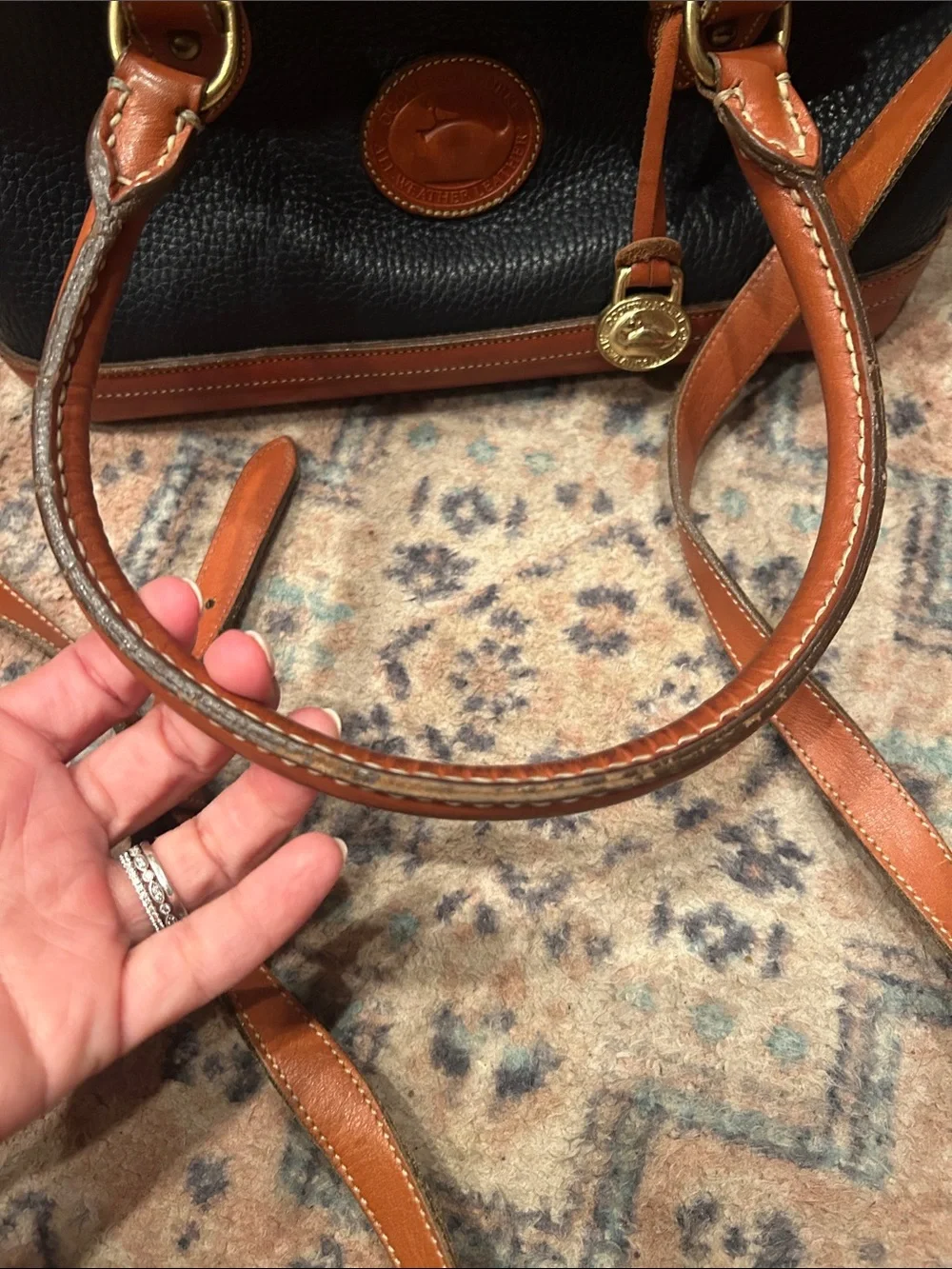 Dooney & Bourke Navy Pebble Leather Satchel with Tan Trim